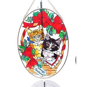 New Vtg Joan Baker Stained Glass Tuxedo Tabby Cats Merry Christmas Sun Catcher